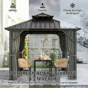 Pavillon de jardin  toit rigide - rideaux et moustiquaire - alu et acier - 3x3m - gris foncé