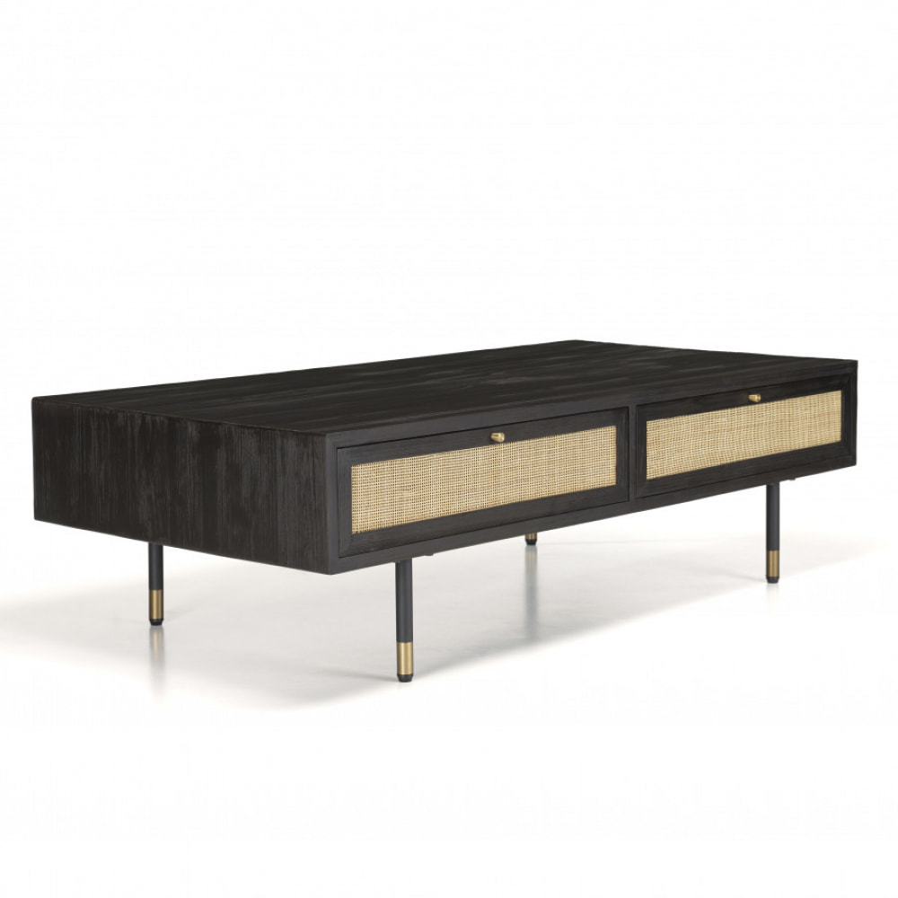 YANIS - Table basse noire bois Pin 4 tiroirs cannage