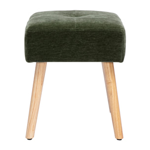 Tabouret bas en tissu effet velours vert kaki et bois clair massif H46 cm GUESTA