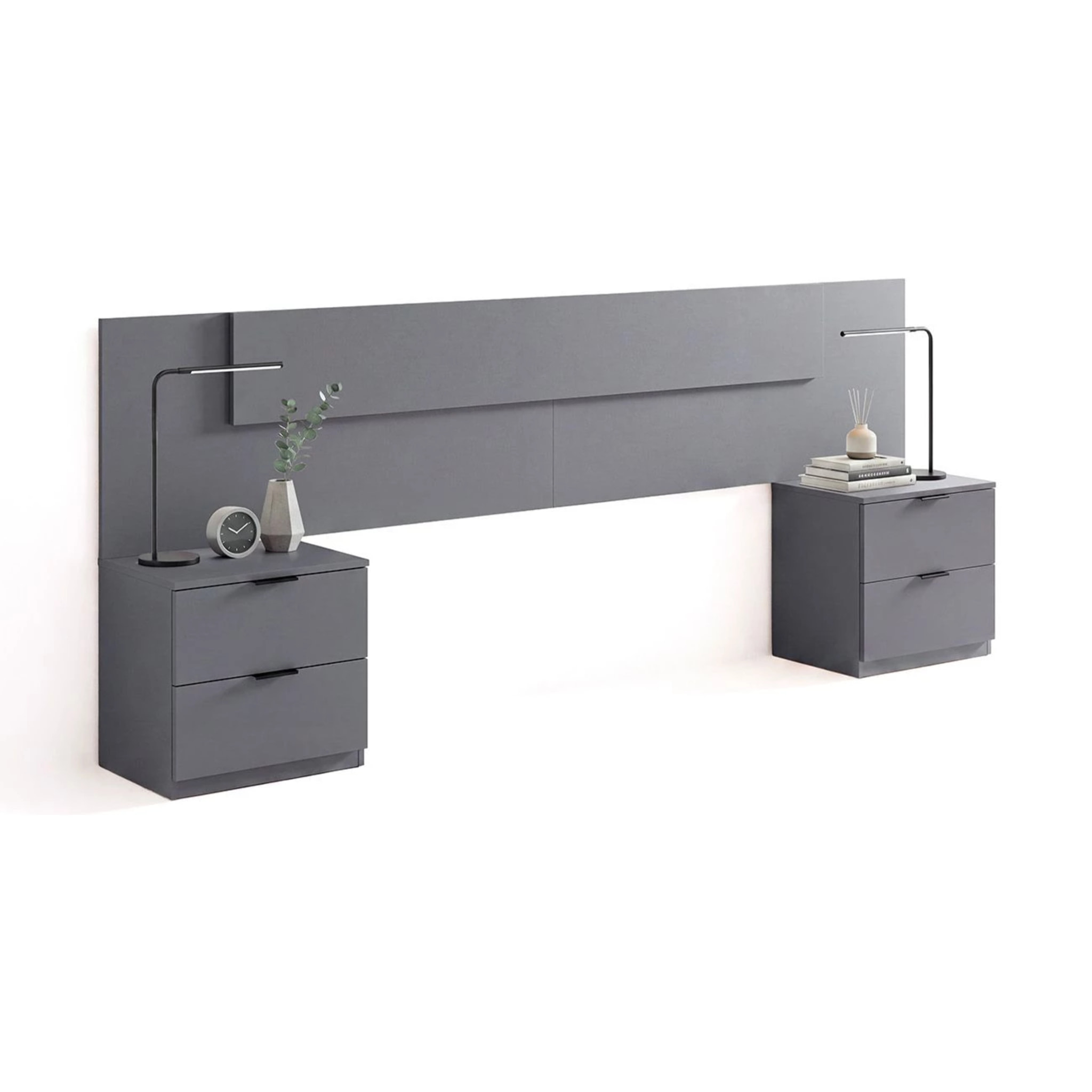 Cabecero para cama de 135-150 cm y 2 mesitas con cajones en gris grafito Akari Gris Grafito