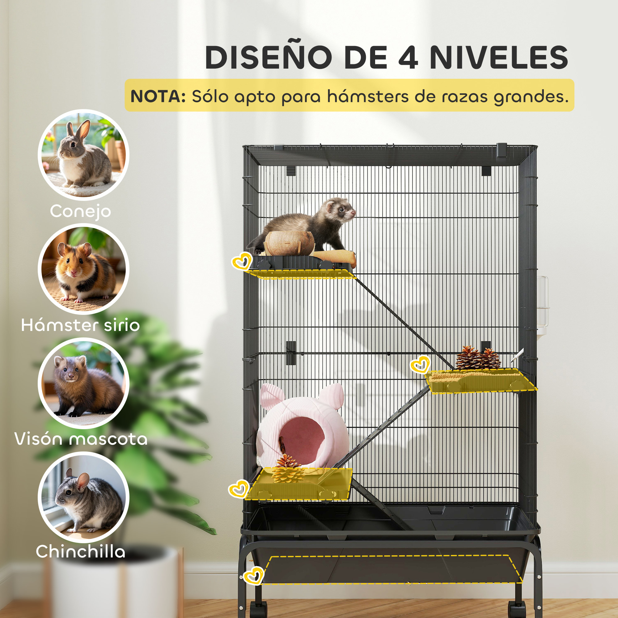 Jaula para Animales Pequeños de 4 Niveles Jaula para Roedores con Ruedas Rampas Cuenco Botella de Agua y Bandeja Extraíble Recinto para Conejos Chinchillas Hurones Cobayo 69x44x120 cm Negro