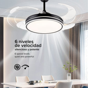 Ventilador de techo 8808 120 cm, aspas retráctiles. Motor DC 36W, luces LED regulable de 60W, 6 velocidades, modo invierno/verano. Control mediante mando a distancia o aplicación móvil.