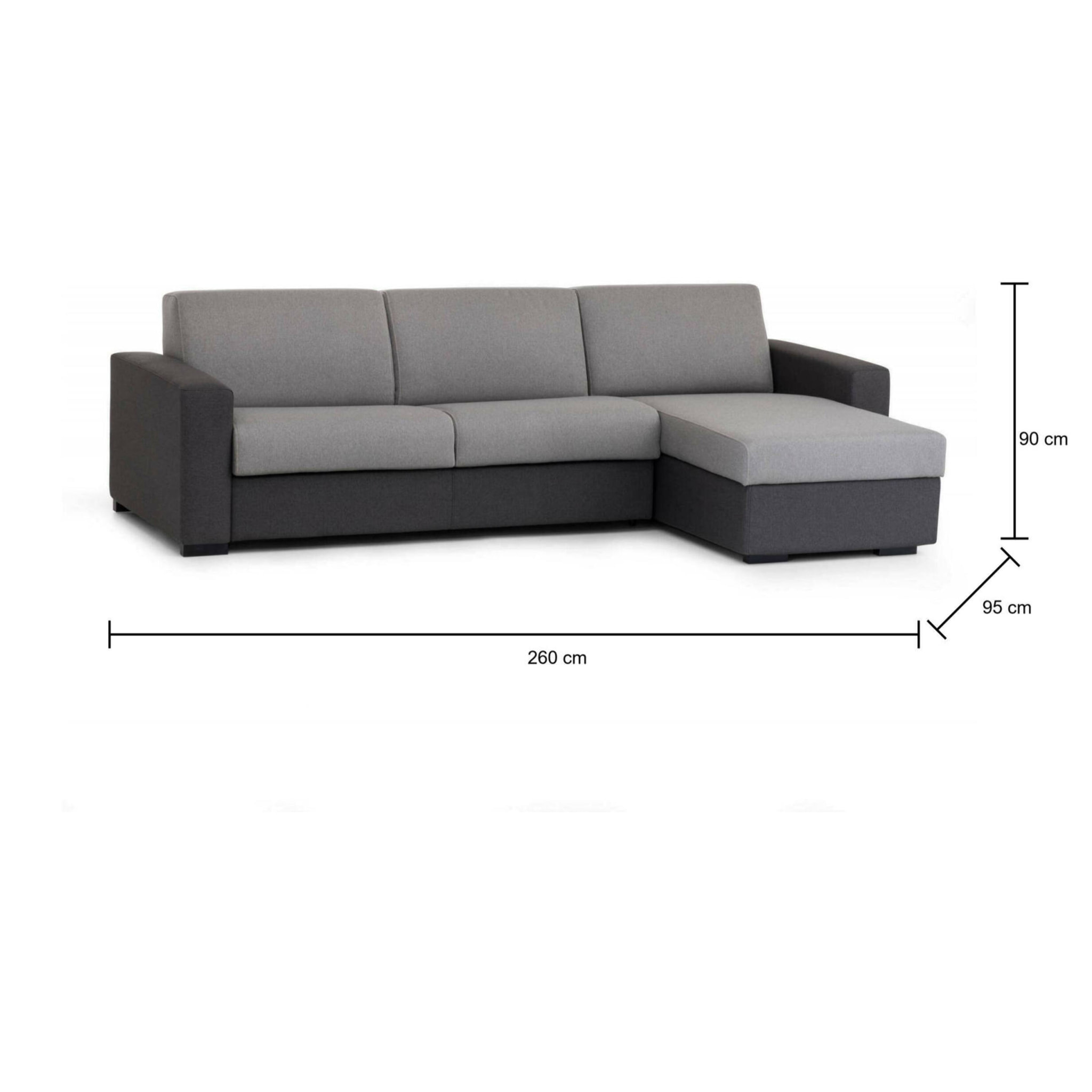 Divano fisso con penisola Azechiele, Sofà ad angolo, Penisola contenitore reversibile, Braccioli slim, 100% Made in Italy, Cm 260x95h90, Grigio bicolor