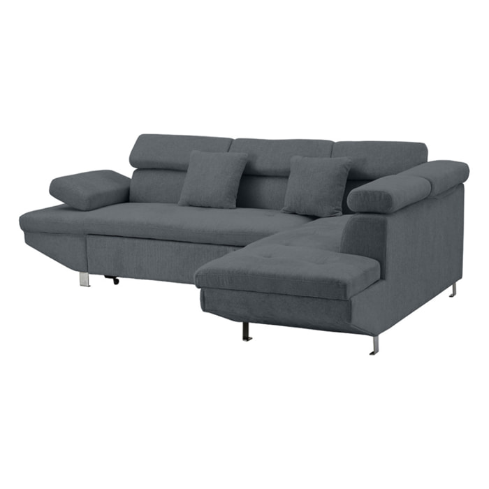 Margaux - Canapé d'angle droit 5 places convertible avec coffre et têtières réglables en velours texturé - Gris