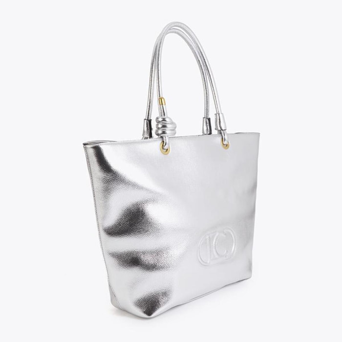 Borsa shopper decostruita color oro con logo ovale in rilievo