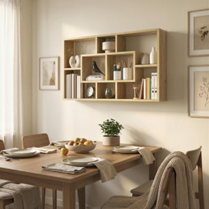 Estante de Pared Decorativo, Estantería para Libro, CDs, Baldas Flotantes con 8 Cubos, 85x14,5x47,5 cm, Carga 20kg, para Oficina, Estudio, Salón, Roble