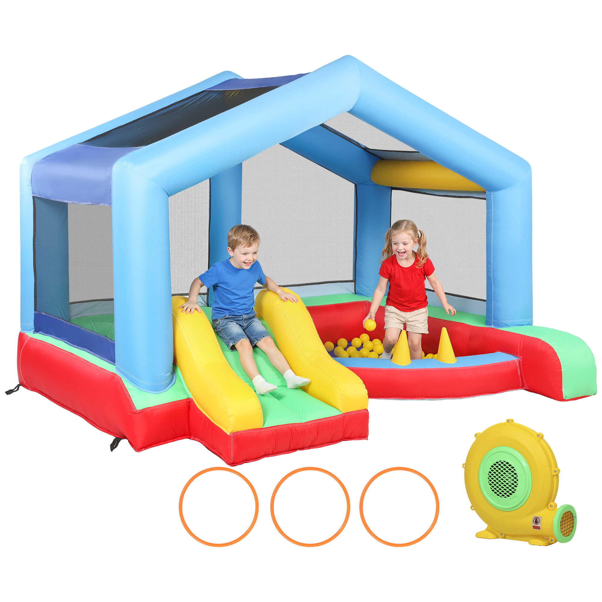 Castillo Hinchable para Niños con Soplador, Castillo Hinchable con Tobogán, Cama Elástica, Piscina de Pelotas, Juego de Aros, Toldo y Bolsa de Transporte, Interior y Exterior, 290x230x200 cm