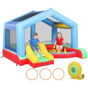 Castillo Hinchable para Niños con Soplador, Castillo Hinchable con Tobogán, Cama Elástica, Piscina de Pelotas, Juego de Aros, Toldo y Bolsa de Transporte, Interior y Exterior, 290x230x200 cm