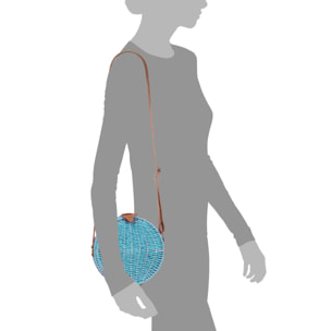 IRIA QUINTANA Borsa a tracolla da donna Cuneo. Tessuto Paglia Pelle Sintetica PU 18x4x18 Cm. Azzurro