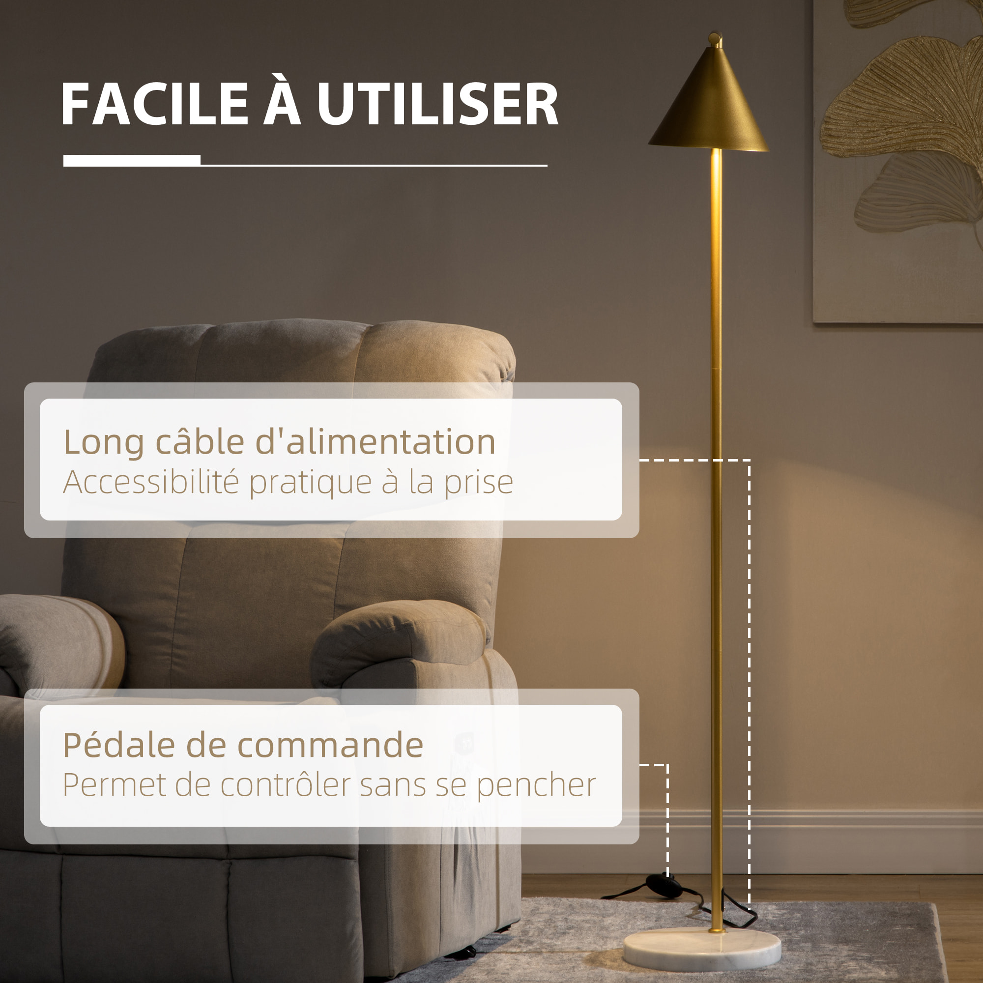 Lampadaire sur pied salon 40W acier doré abat-jour conique orientable base marbre