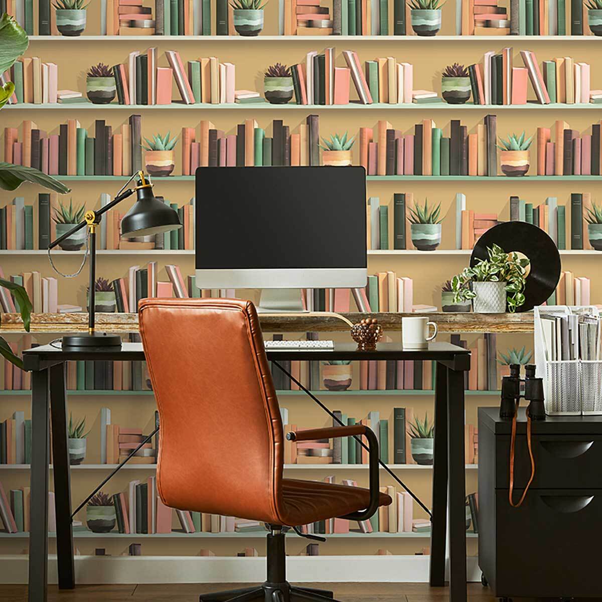 Papier peint étagères livres fond beige chaleureux