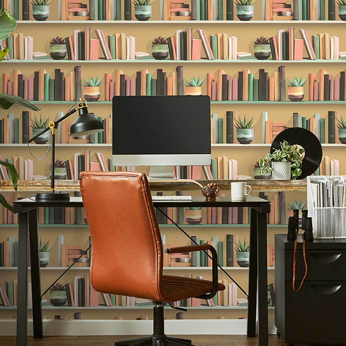 Papier peint étagères livres fond beige chaleureux