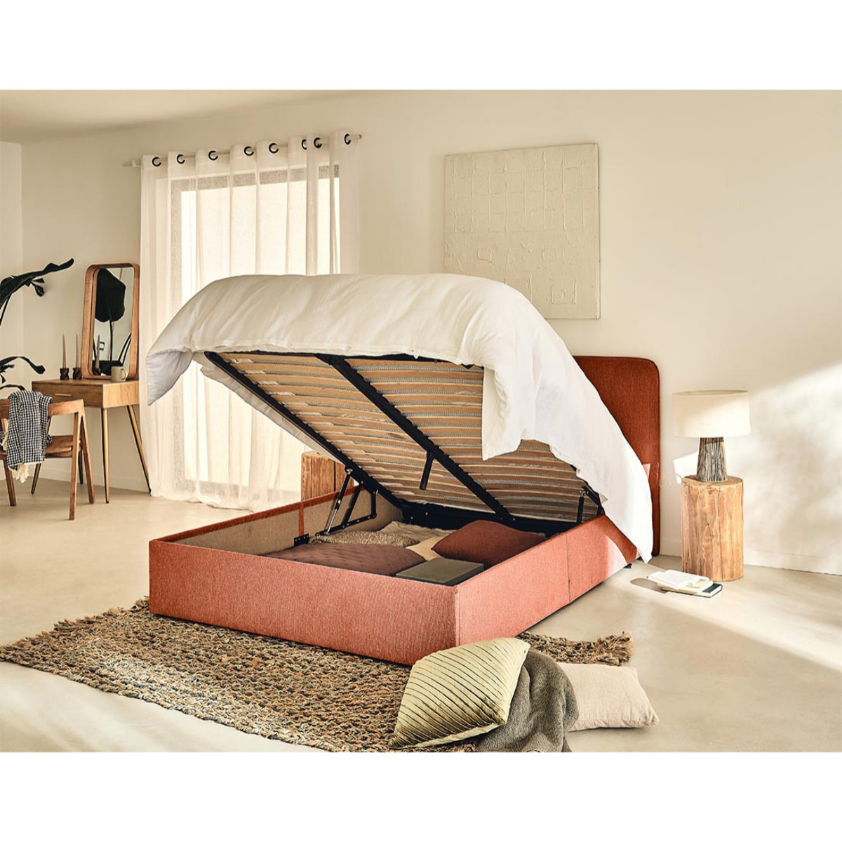 Goyave - lit coffre - 140x190 - en tissu - sommier inclus - Terracotta