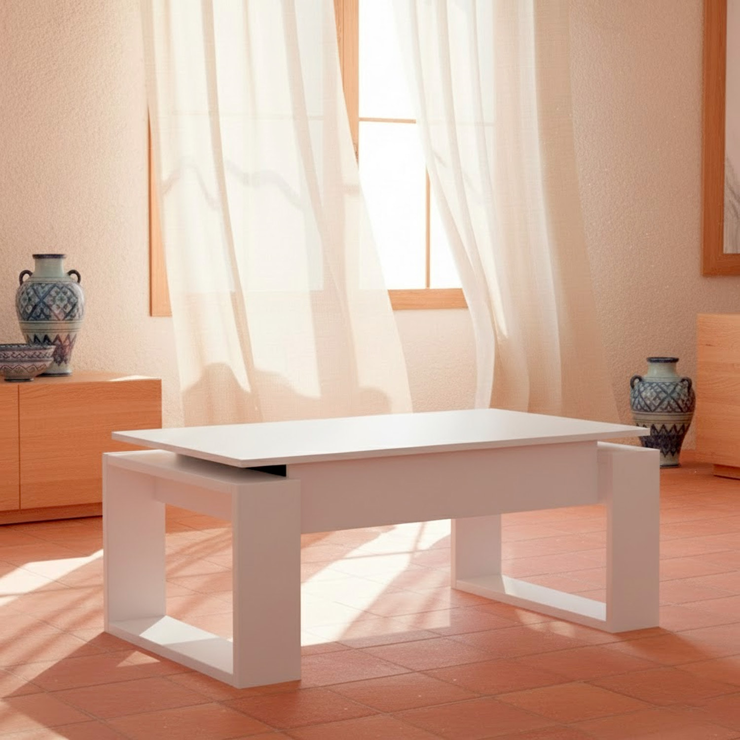 Tavolino Rialzabile Da Caffè Con Piano Sollevabile Tavolo Da Soggiorno Pranzo Moderno Salvaspazio Ideale per Mangiare Lavorare 105 x 55 x 45 cm Bianco
