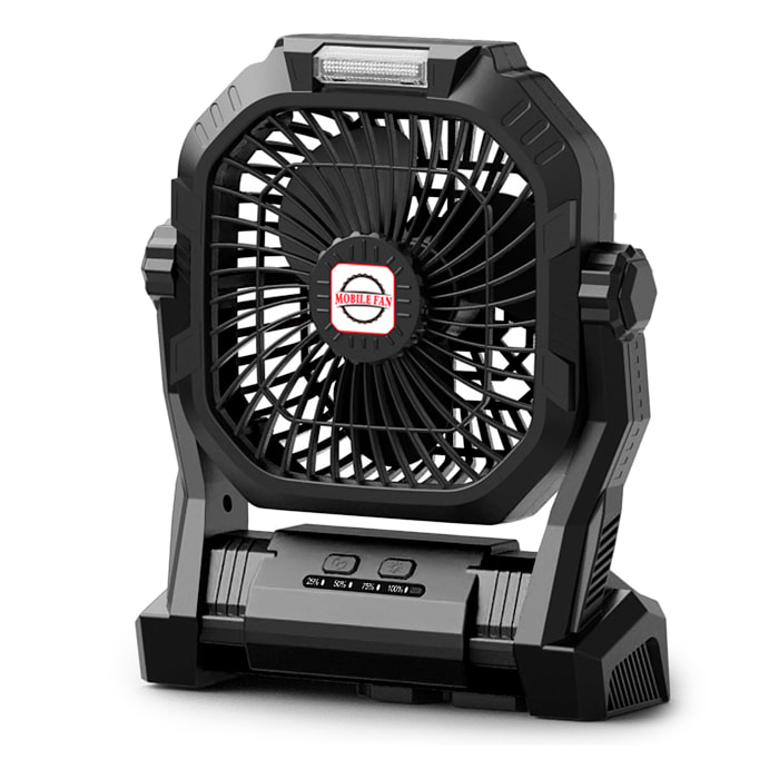 Ventilatore P50 con motore senza spazzole, LED con 8 luci, 4 velocità, 3 livelli di luce. Angolo regolabile di 180º, gancio per appendere e powerbank di 7800 mAh.