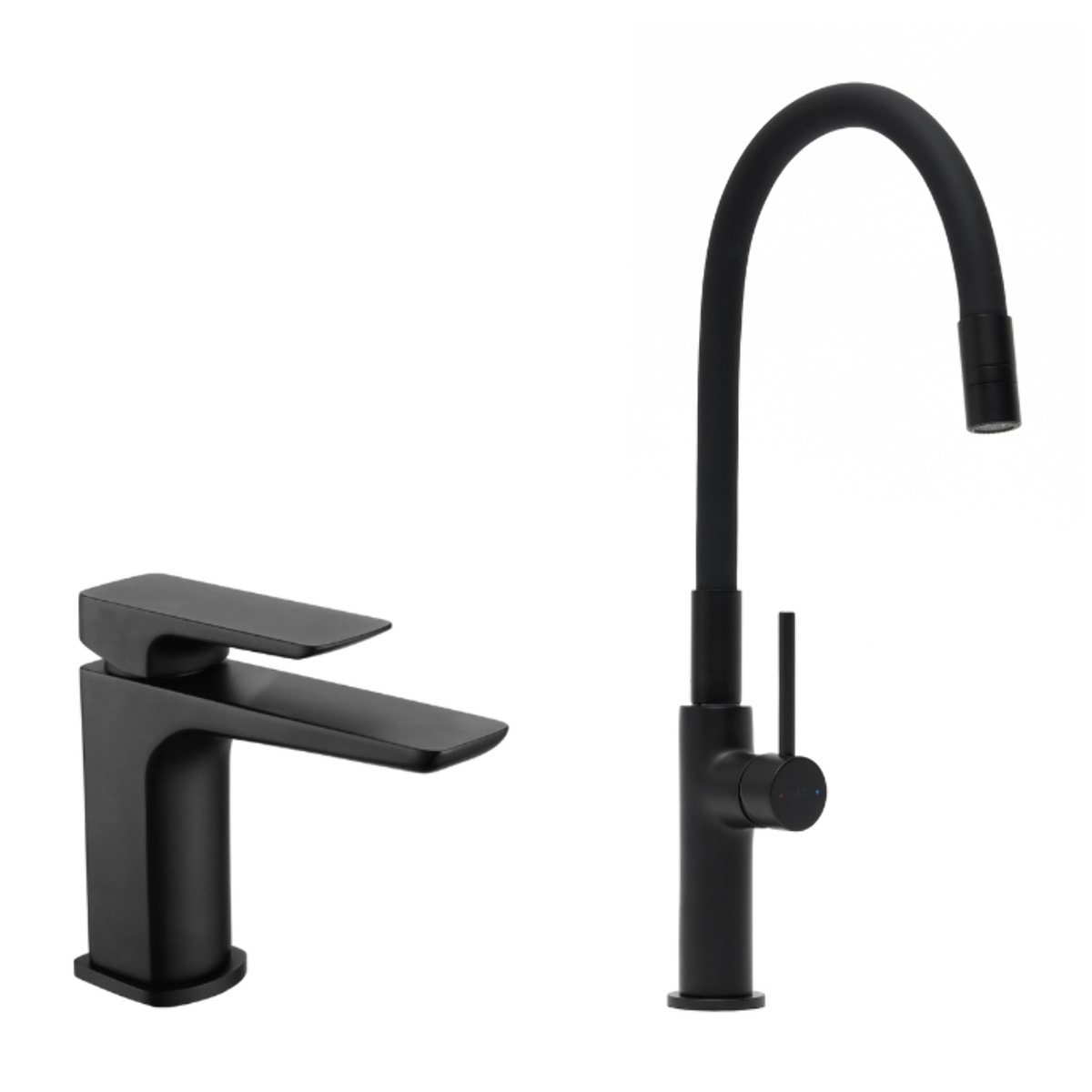 set mitigeur lavabo sans vidage + mitigeur cuisine, bec flexible, aérateur Neoperl®, noir mat (SATBSBDR271CM)