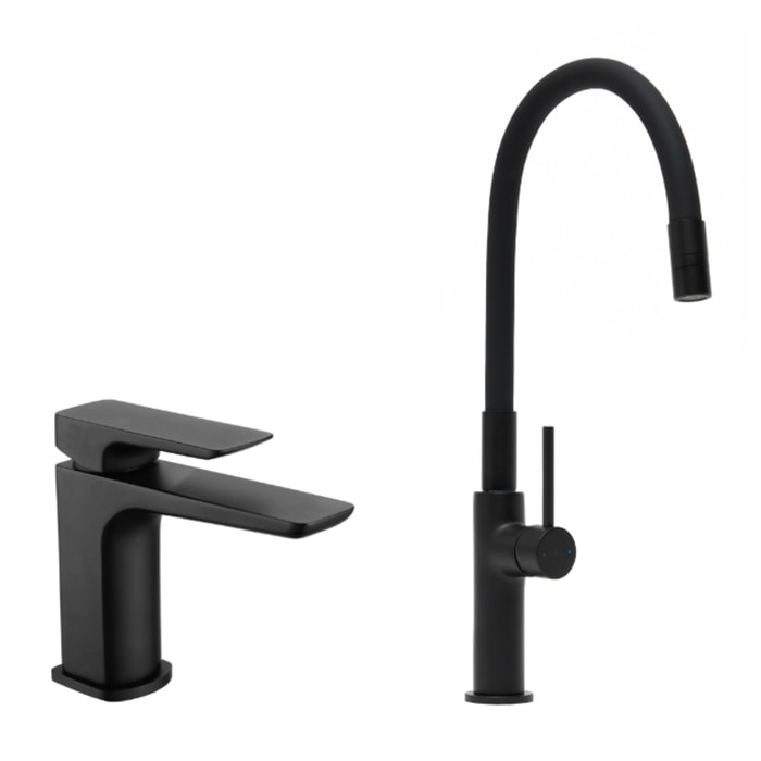 set mitigeur lavabo sans vidage + mitigeur cuisine, bec flexible, aérateur Neoperl®, noir mat (SATBSBDR271CM)