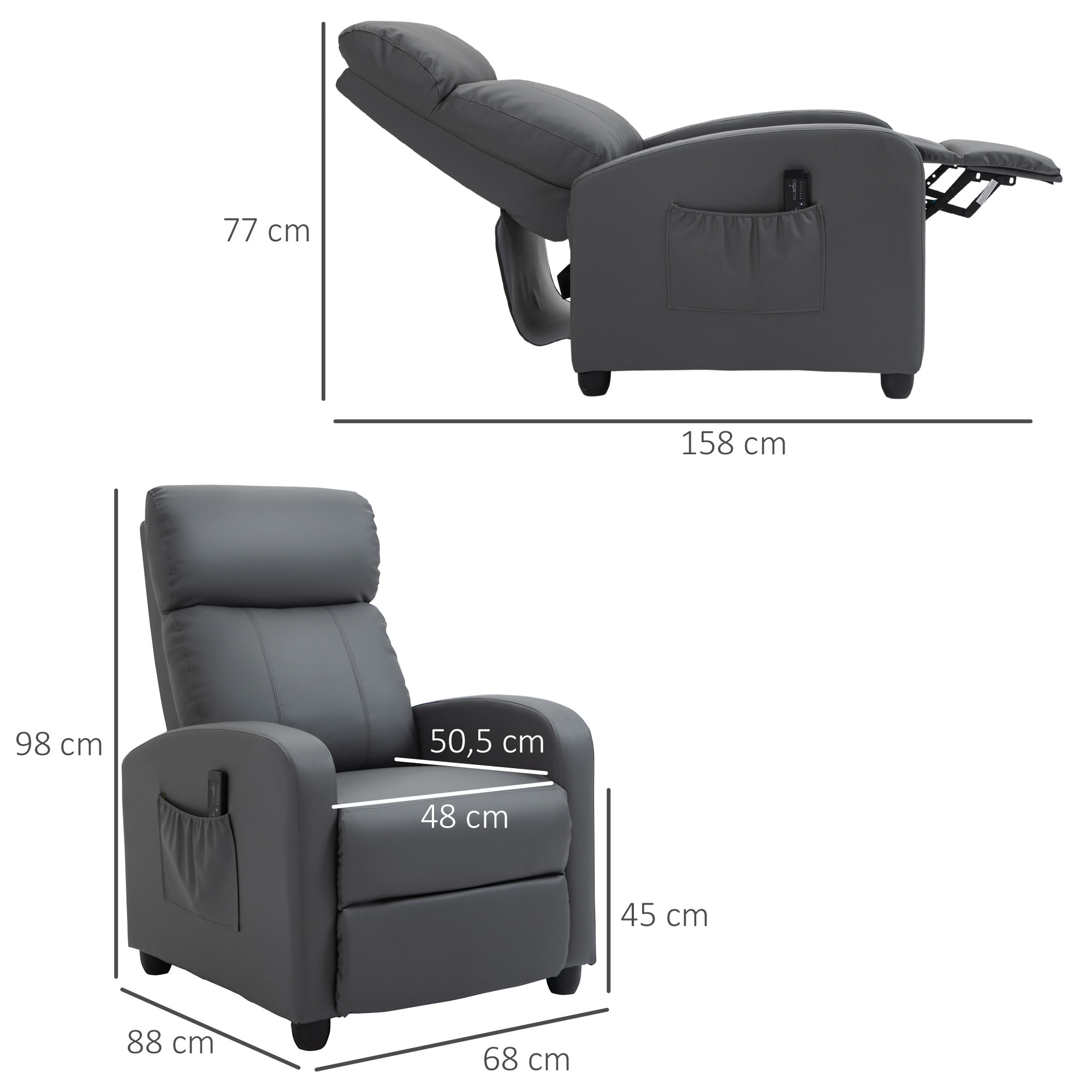 Fauteuil de relaxation et massage inclinaison dossier repose-pied réglable revêtement synthétique gris