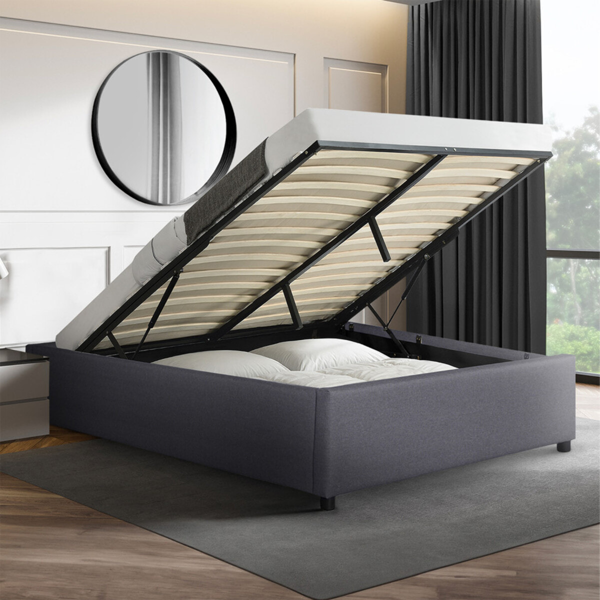 Lit coffre Otto en tissu gris avec sommier 140x190cm