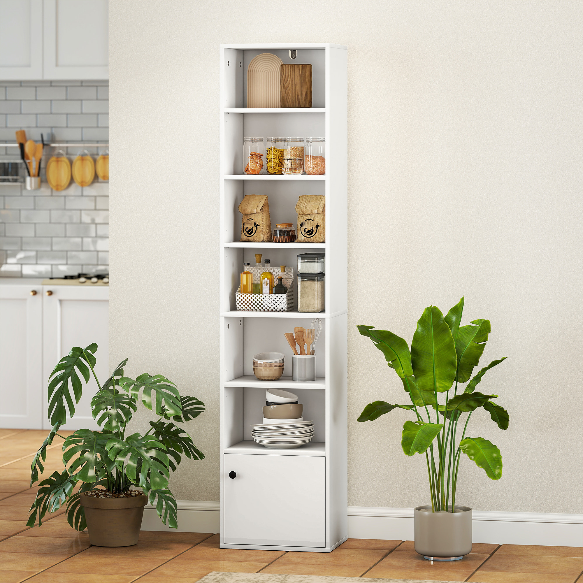 Librería de 7 Niveles, Estantería para Libros con Estantes Ajustables y Puerta, Estantería Moderna, 40x30x180 cm, para Salón, Dormitorio, Estudio, Oficina, Blanco