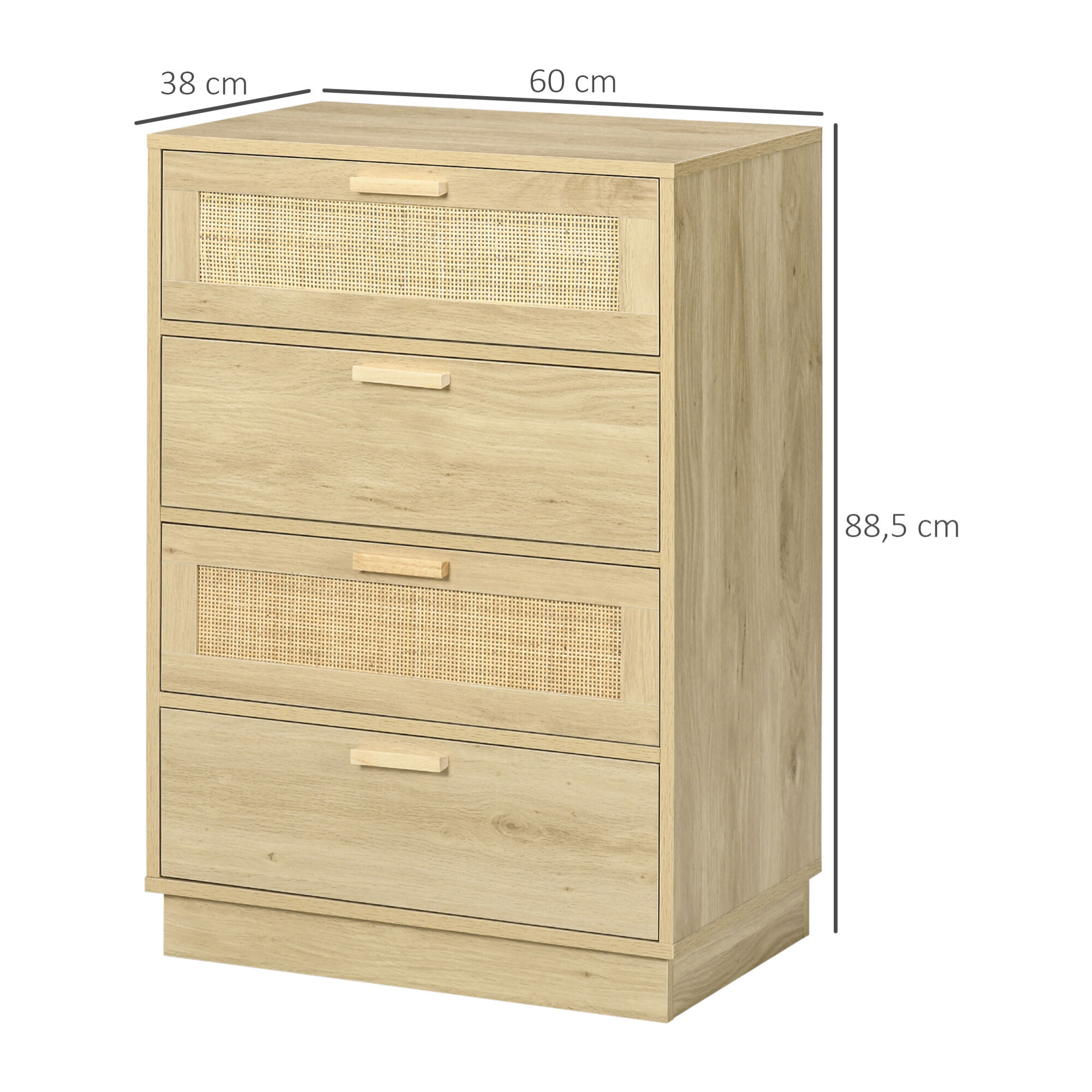 Cómoda de Noche con 4 Cajones de Rejilla de Ratán Cajonera de Madera para Dormitorio Salón Estilo Bohemio 60x38x88,5 cm Natural