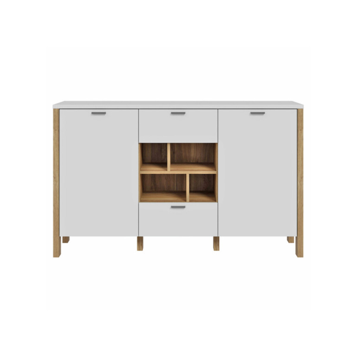 Buffet L141 cm 2 tiroirs 2 portes 4 niches décor gris clair - BOLERO