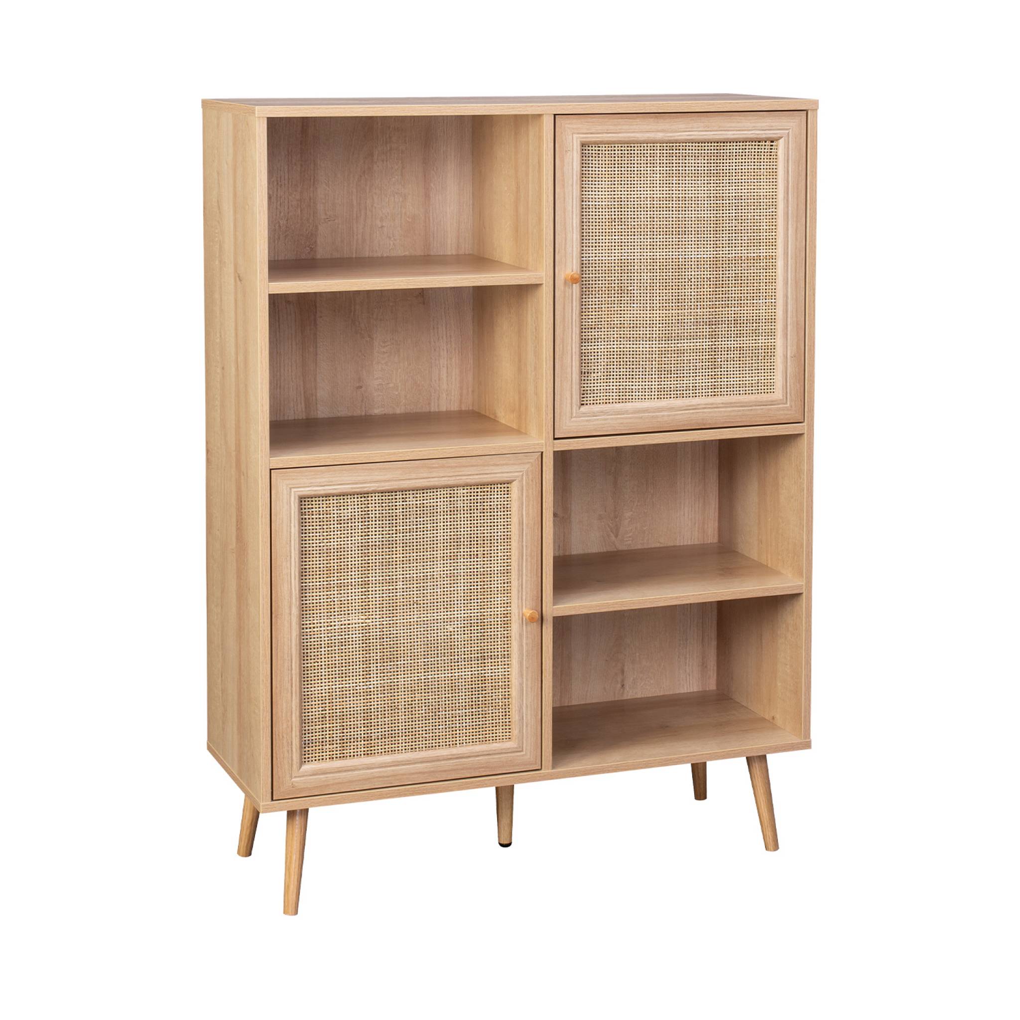 Buffet de rangement cannage et effet bois. buffet haut. vaisselier. 2 portes et 2 étagères style bohème 90cm