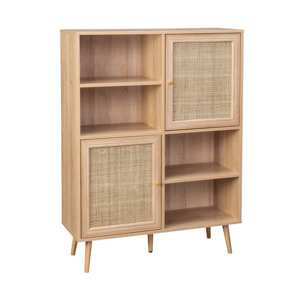 Buffet de rangement cannage et effet bois. buffet haut. vaisselier. 2 portes et 2 étagères style bohème 90cm