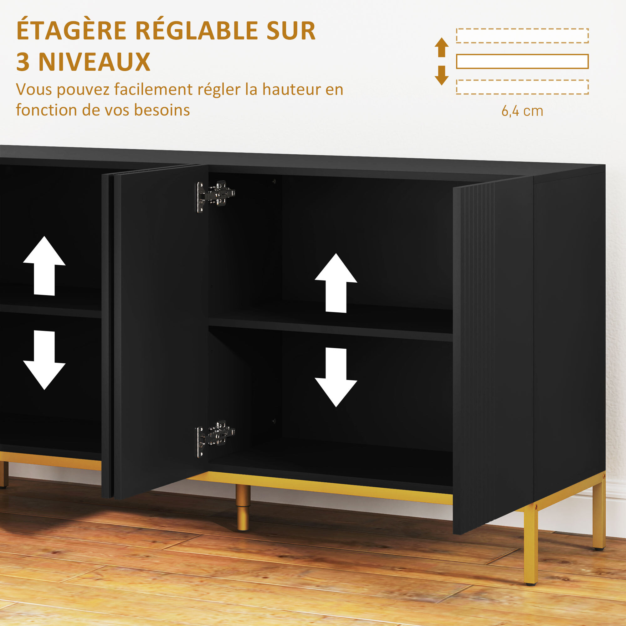 Buffet enfilade design contemporain graphique 2 portes 2 étagères acier doré noir