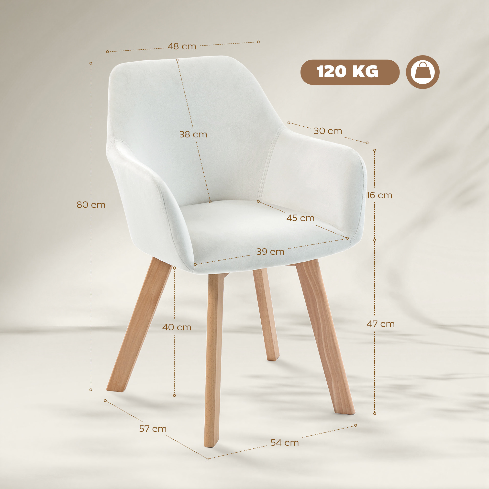 Pack de 2 Sillas de Comedor Modernas, Sillas de Cocina Tapizado en Terciopelo, con Respaldo, Reposabrazos y Patas de Madera, Carga 120 kg, para Salón, Dormitorio, 54x57x80 cm, Blanco Crema