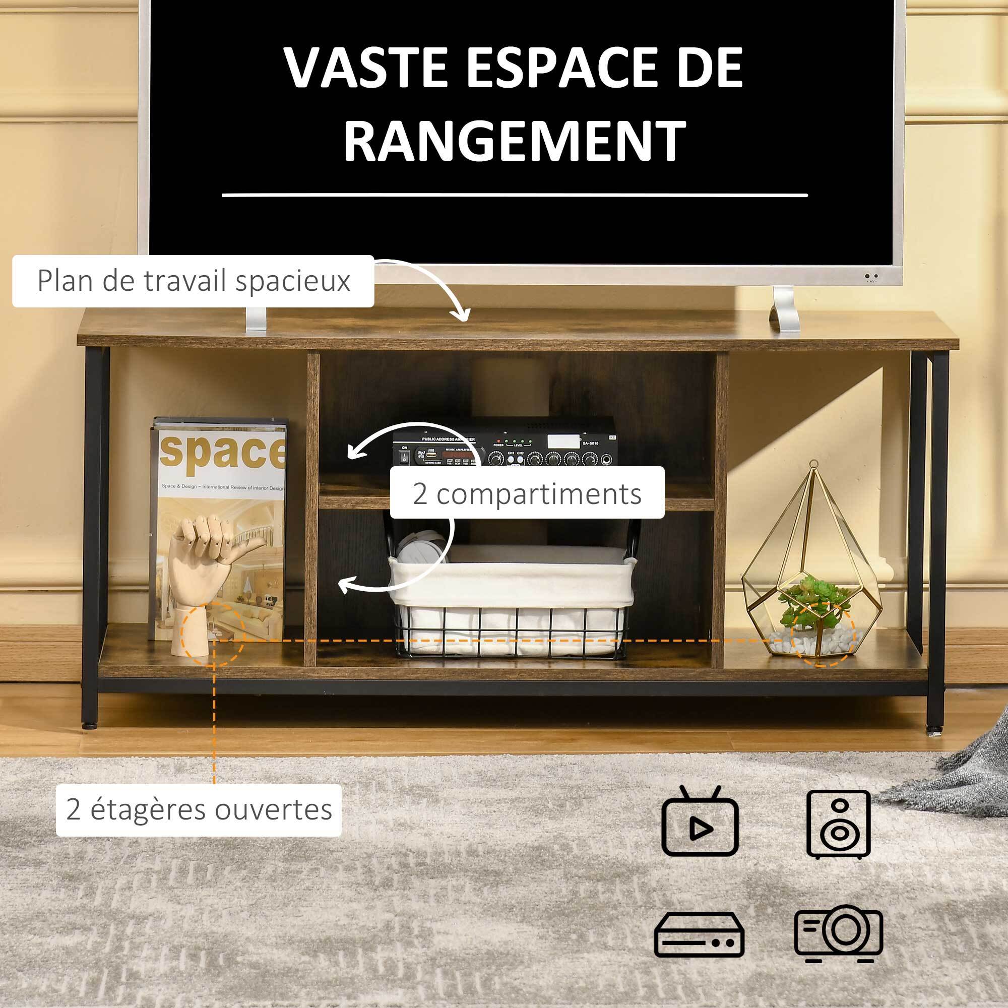 Meuble TV 110 cm, pour téléviseur jusqu'à 55 pouces avec compartiments ouverts et étagère réglable, brun rustique