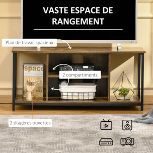 Meuble TV 110 cm, pour téléviseur jusqu'à 55 pouces avec compartiments ouverts et étagère réglable, brun rustique