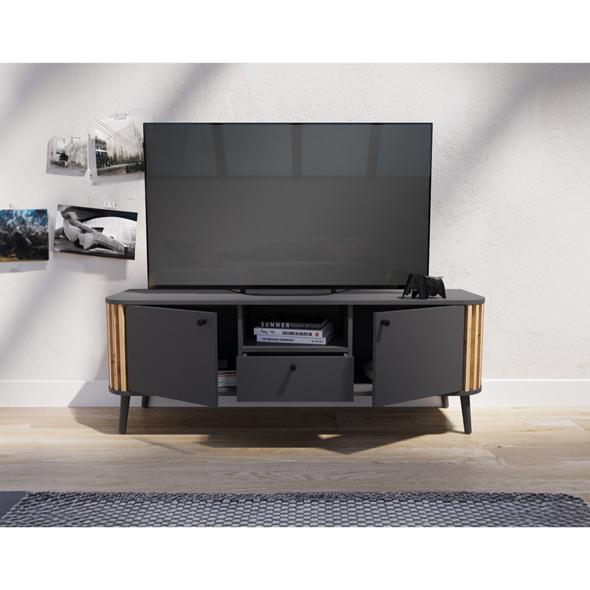 Camberwell - meuble tv - gris et effet bois - 2 portes, 1 tiroir et 1 niche - 138 cm - Bois / Gris