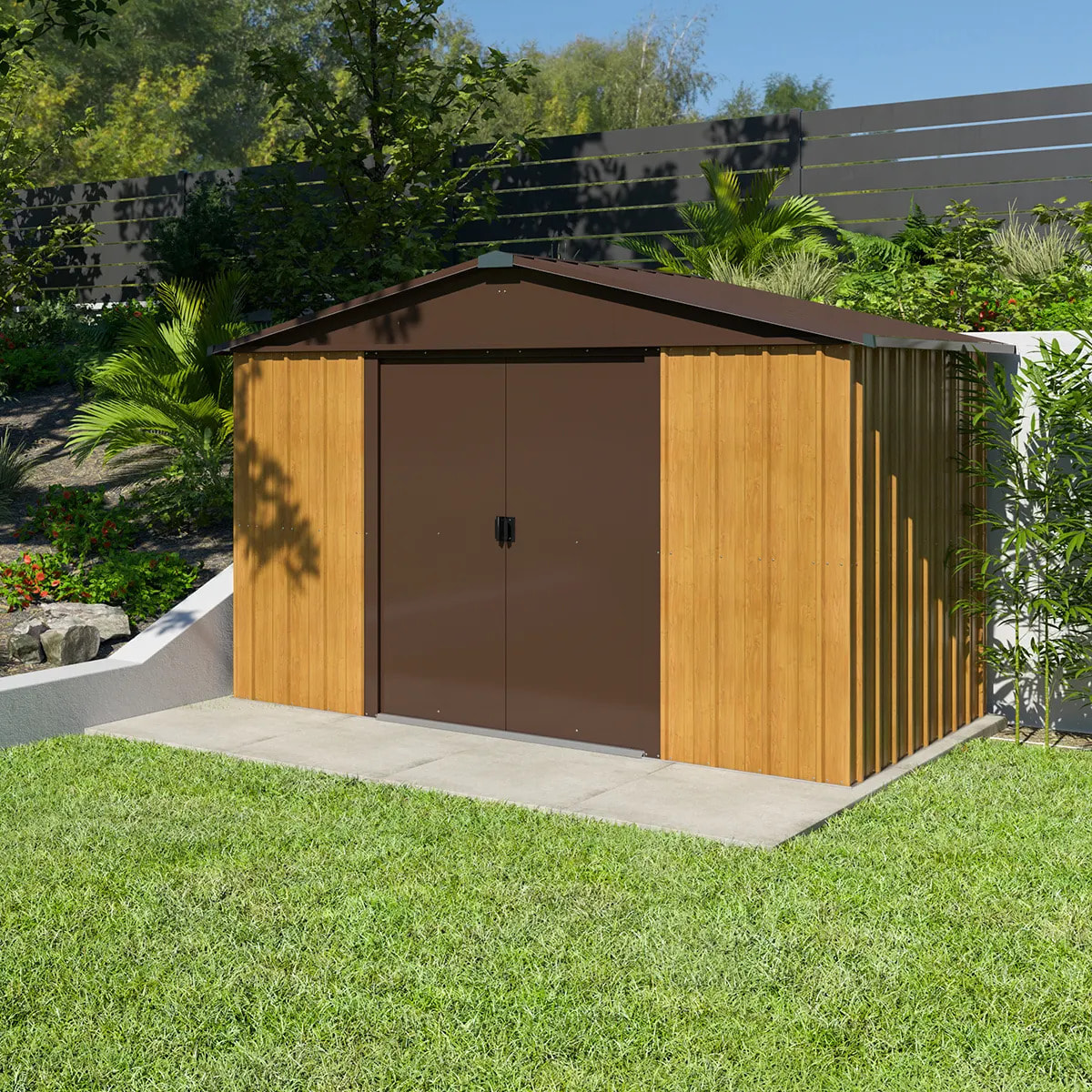 Abri de jardin métal aspect bois Yardmaster 5,3 m² + kit d'ancrage
