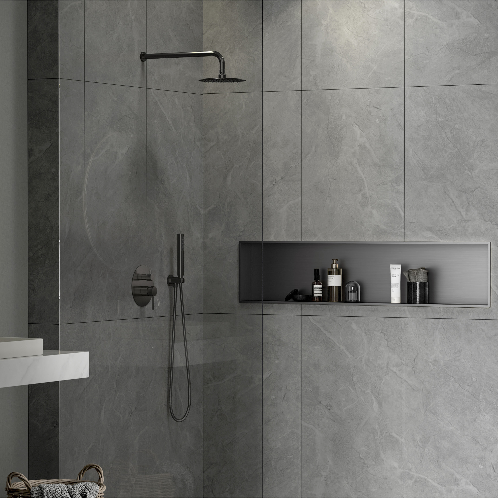 Aurum Niche de Douche à encastrer, Acier Inoxydable 304, 120x28x10cm, Gun Métal brossé PVD (SATAURN12128BGM)