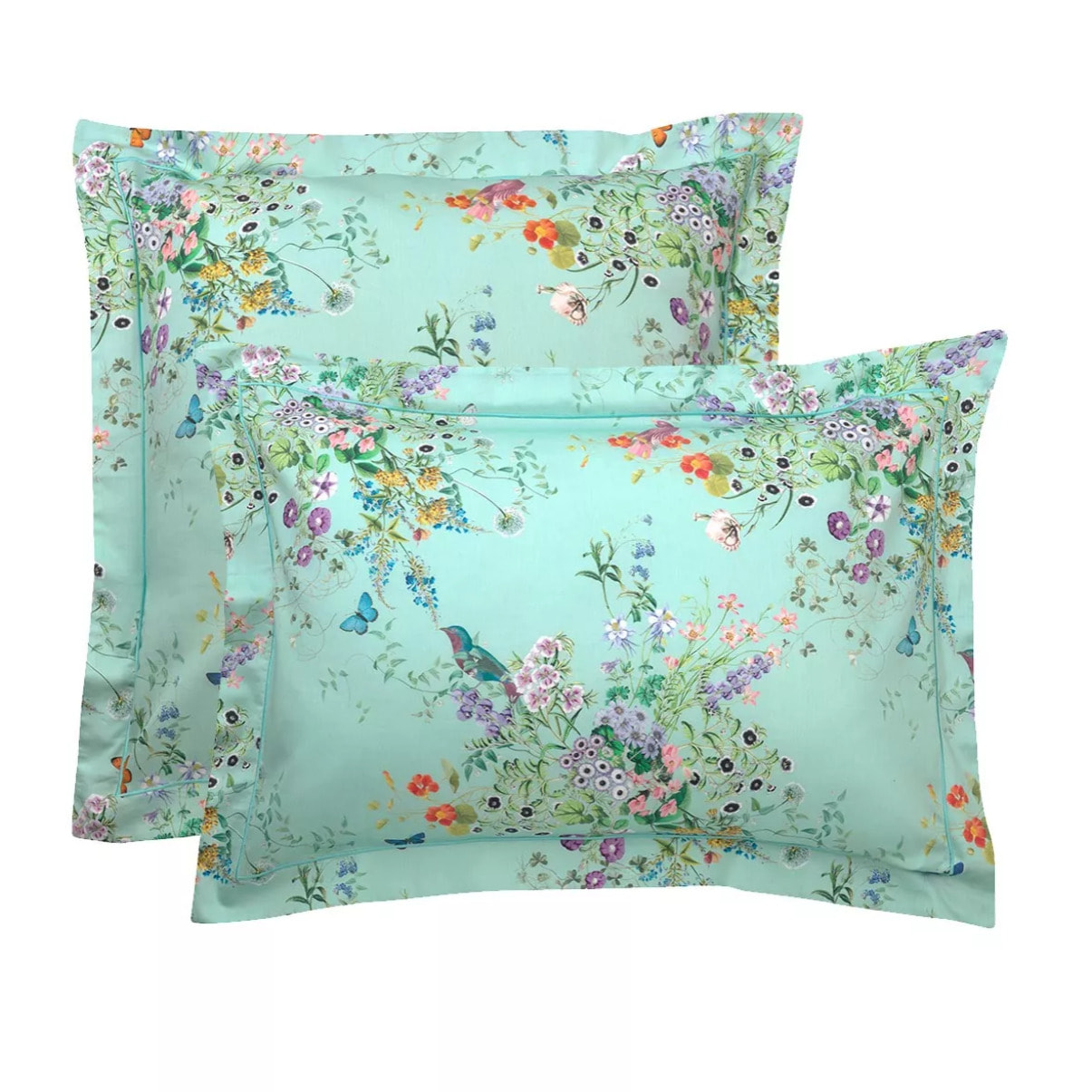 Taie d'oreiller satin de coton 115 g/m² imprimé bleu vert Le printemps azur