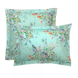 Taie d'oreiller satin de coton 115 g/m² imprimé bleu vert Le printemps azur