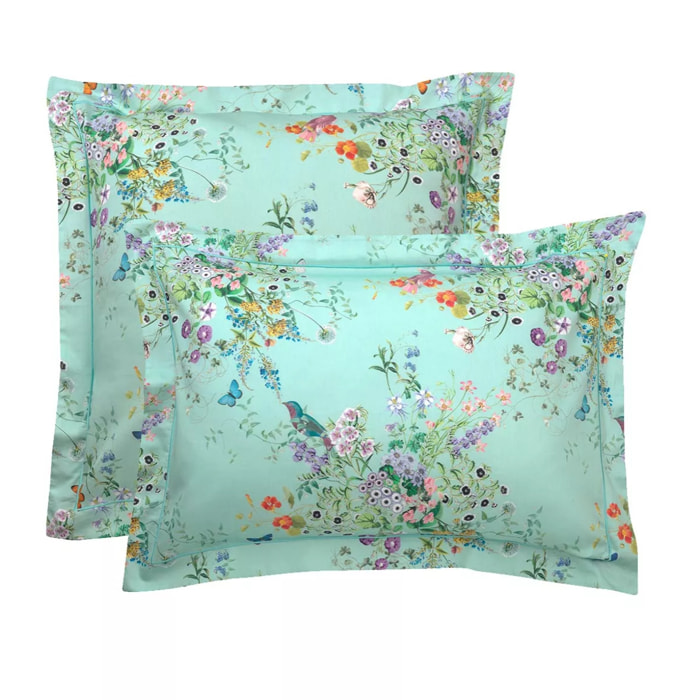 Taie d'oreiller satin de coton 115 g/m² imprimé bleu vert Le printemps azur