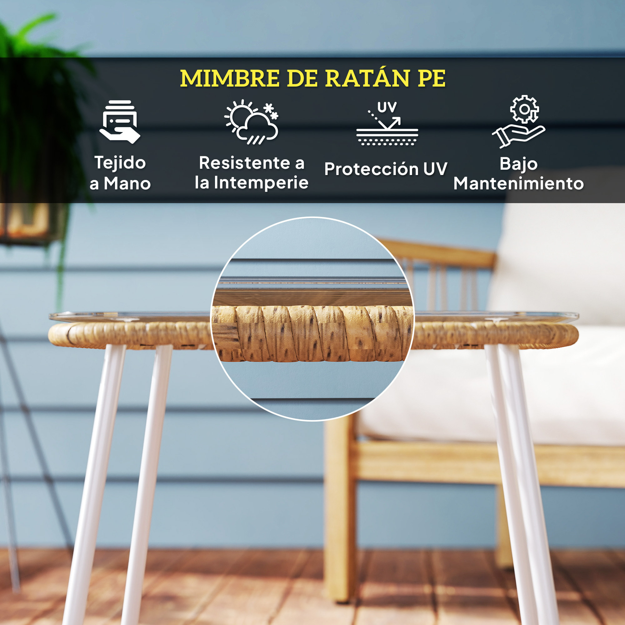 Mesa de Jardín de Ratán Sintético Mesa para Exterior con Encimera de Vidrio Templado y Patas Ajustables Mesita Auxiliar para Patio Terraza Balcón Natural y Blanca
