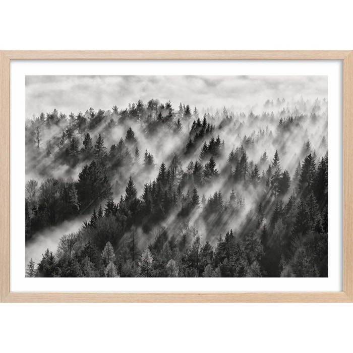 Affiche paysage rayons de lumière Affiche + cadre en bois - Chêne
