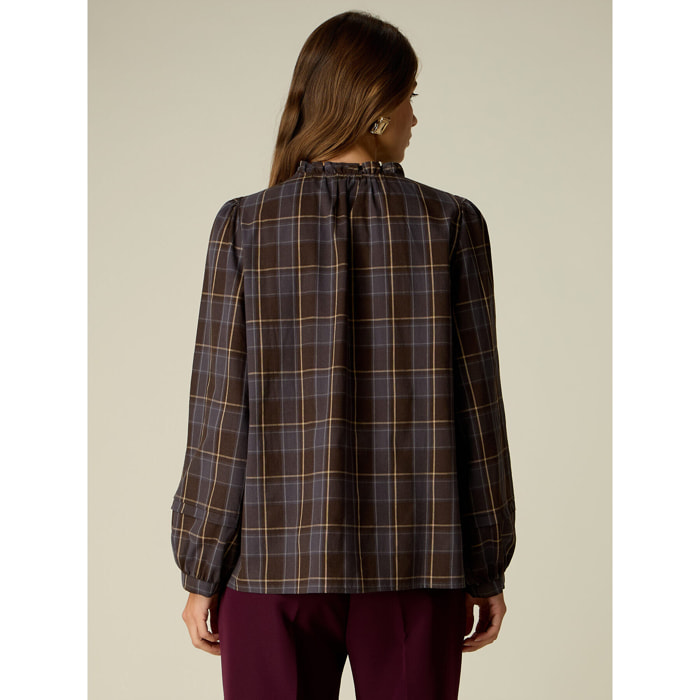 Oltre - Camicia check misto cotone con rouche - Marrone