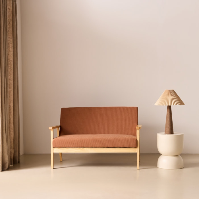 Canapé banquette 2 places bois d'hévéa velours côtelé ISAK