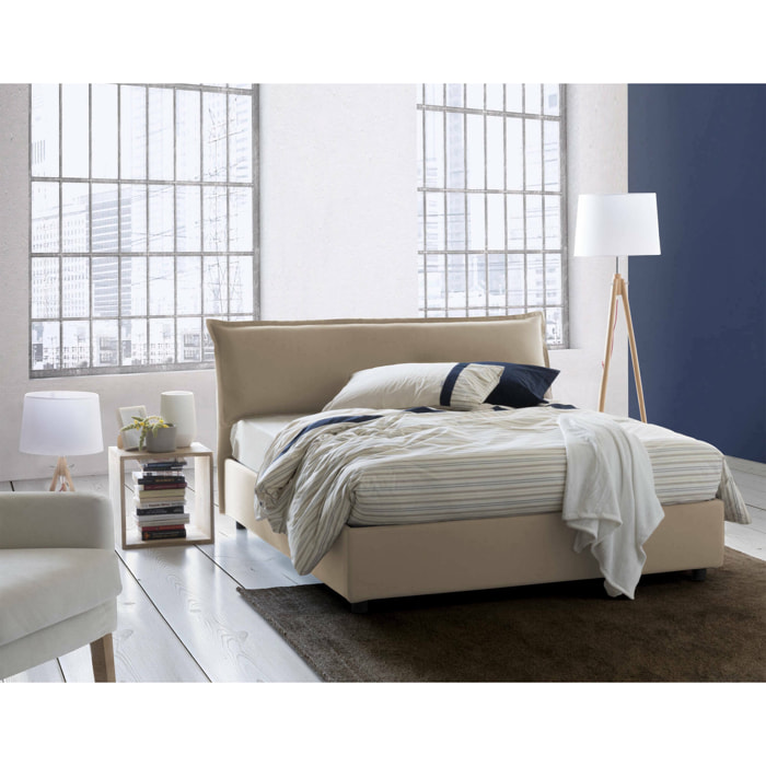 Letto matrimoniale Aishia, Letto contenitore sfoderabile con testiera e giroletto contenitore imbottiti, 100% Made in Italy, con materasso Cm 160x200 incluso, Beige