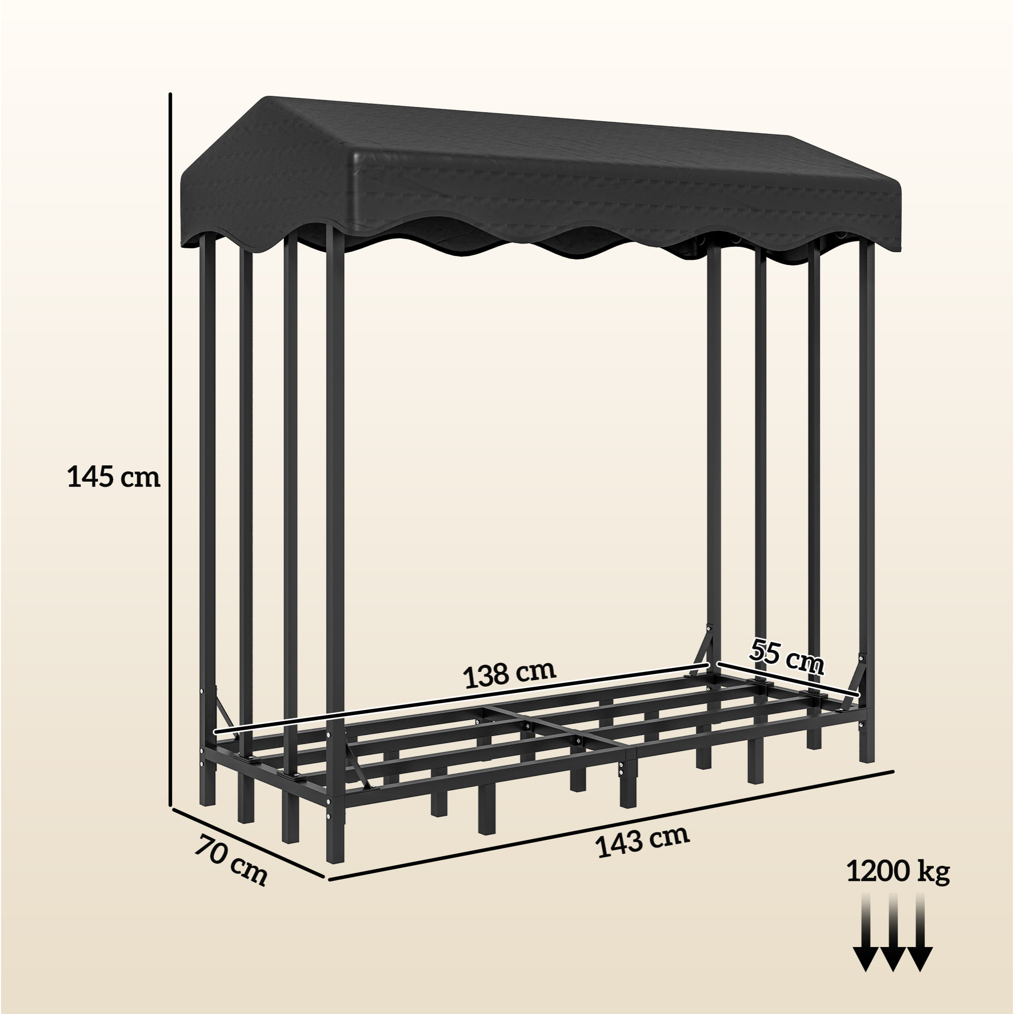Soporte para Leña con Cubierta Estante de Leña Leñero de Metal con Estructura Reforzada Carga 1200 kg para Interior y Exterior 143x70x145 cm Negro