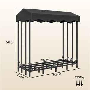 Soporte para Leña con Cubierta Estante de Leña Leñero de Metal con Estructura Reforzada Carga 1200 kg para Interior y Exterior 143x70x145 cm Negro