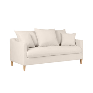 Canapé convertible scandinave 3 places en tissu effet velours beige et bois clair LOUISE