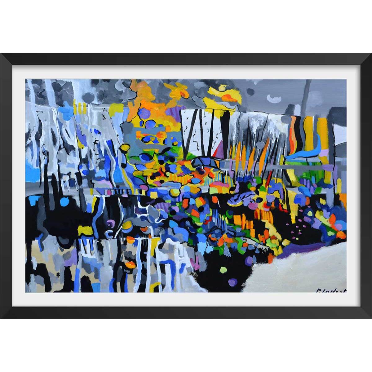 Affiche abstraite champs de bleuet Affiche + cadre en bois - Noir