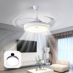 Ventilatore da soffitto L433 da 107 cm, pale retrattili, motore DC da 30 W, luce LED dimmerabile da 60 W, 6 velocità, modalità estate/inverno. Telecomando incluso.