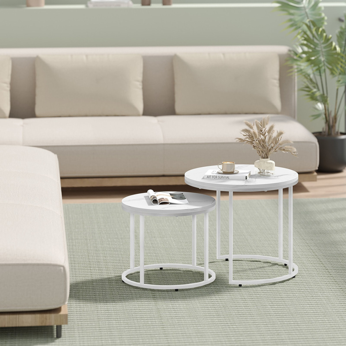 Set di 2 tavolini da salotto a incastro effetto marmo bianco