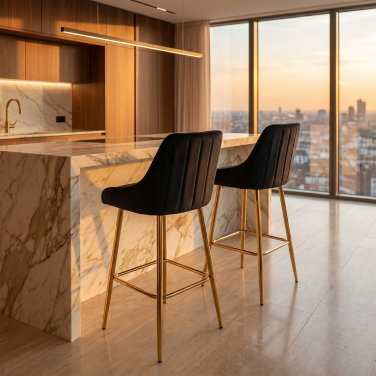 Sgabello Alto Imbottito in Effetto Velluto con Schienale e Poggiapiedi, Design Moderno per Penisola, Isola Cucina, Bancone Bar e Snack